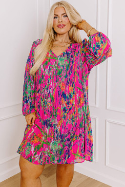 Plus Size Rose  Abstract Floral Print Pleated Loose Dress