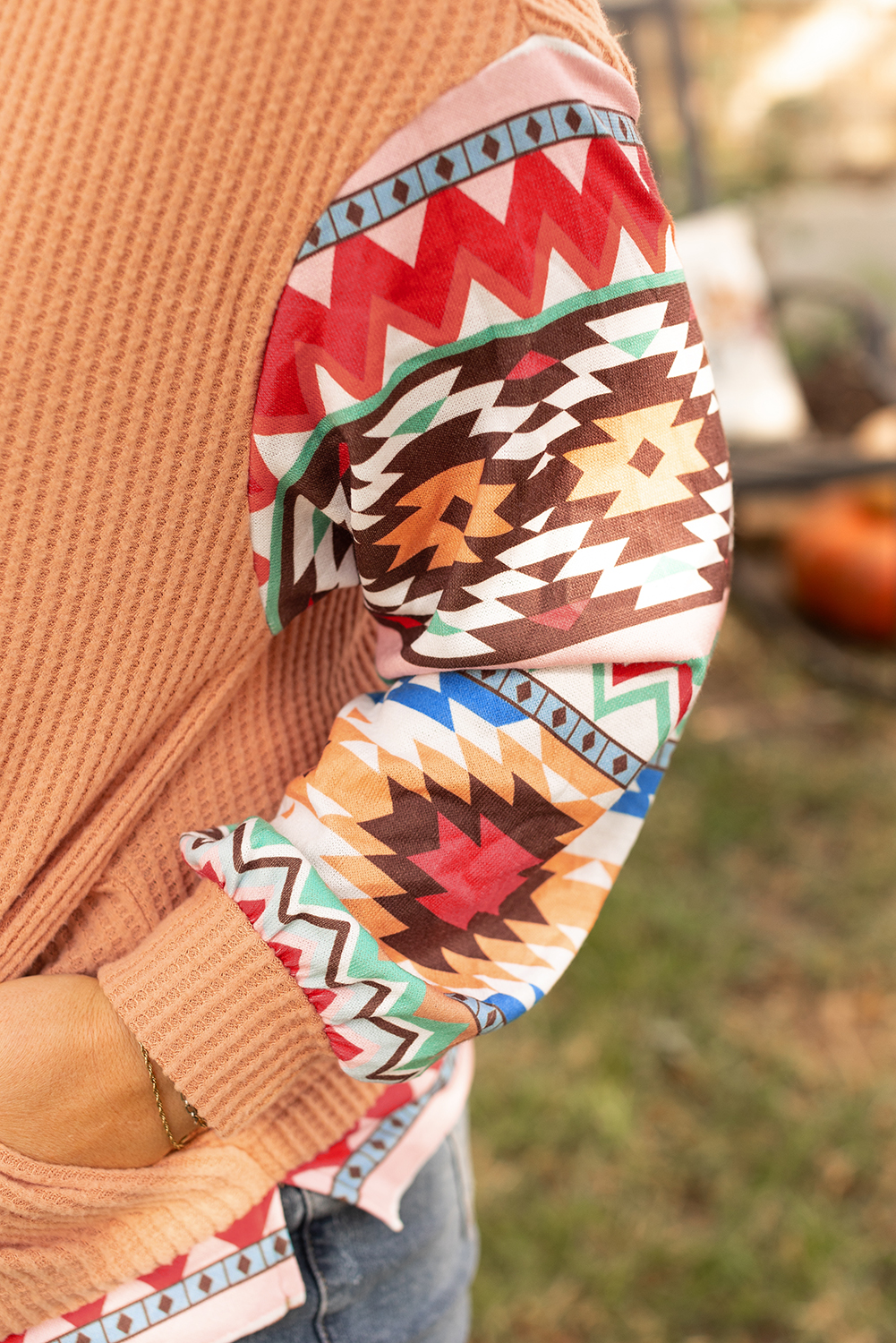 Plus Size Khaki Aztec Patchwork Waffle Knit  Hoodie