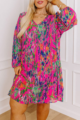 Plus Size Rose  Abstract Floral Print Pleated Loose Dress