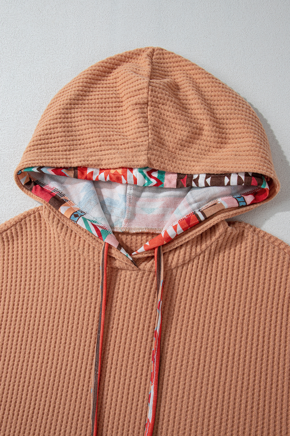 Plus Size Khaki Aztec Patchwork Waffle Knit  Hoodie