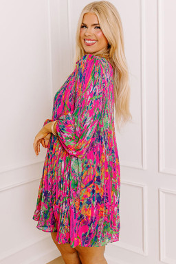 Plus Size Rose  Abstract Floral Print Pleated Loose Dress