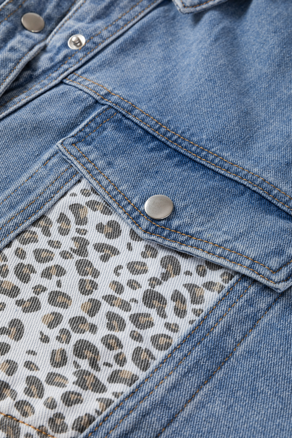 Plus Size Beau Blue Leopard Patchwork Flap Detail  Denim Jacket