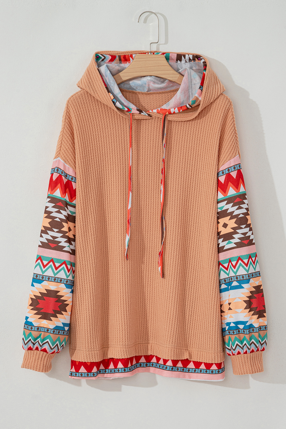 Plus Size Khaki Aztec Patchwork Waffle Knit  Hoodie