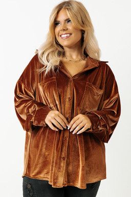 Plus Size Chestnut  Velvet Chest Pocket Drop Shoulder Shirt