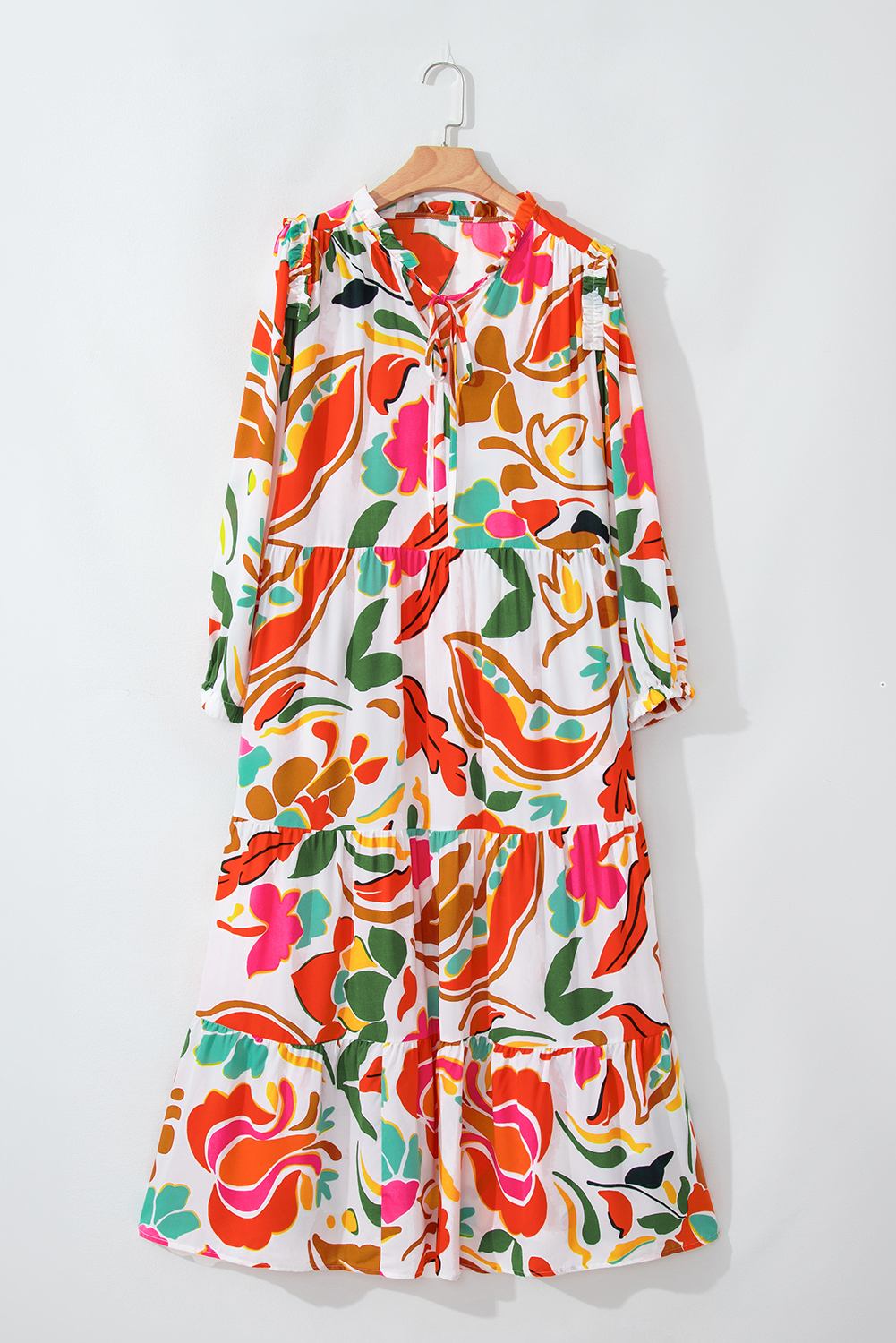 Plus Size Orange Floral Print Drawstring V Neck Tiered  Dress