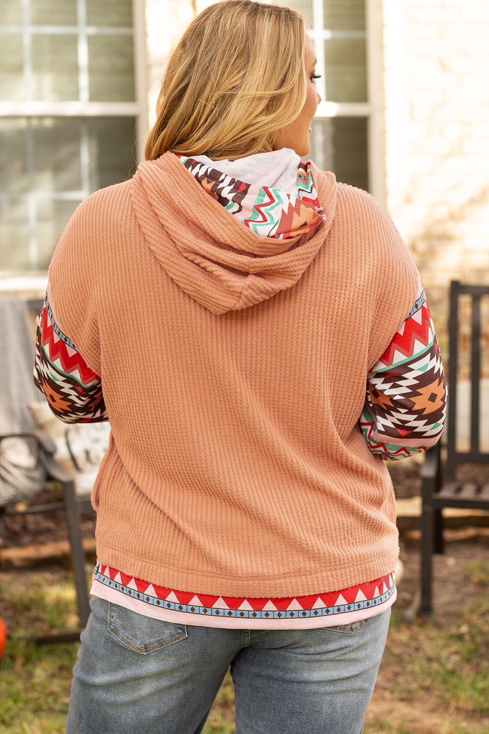 Plus Size Khaki Aztec Patchwork Waffle Knit  Hoodie