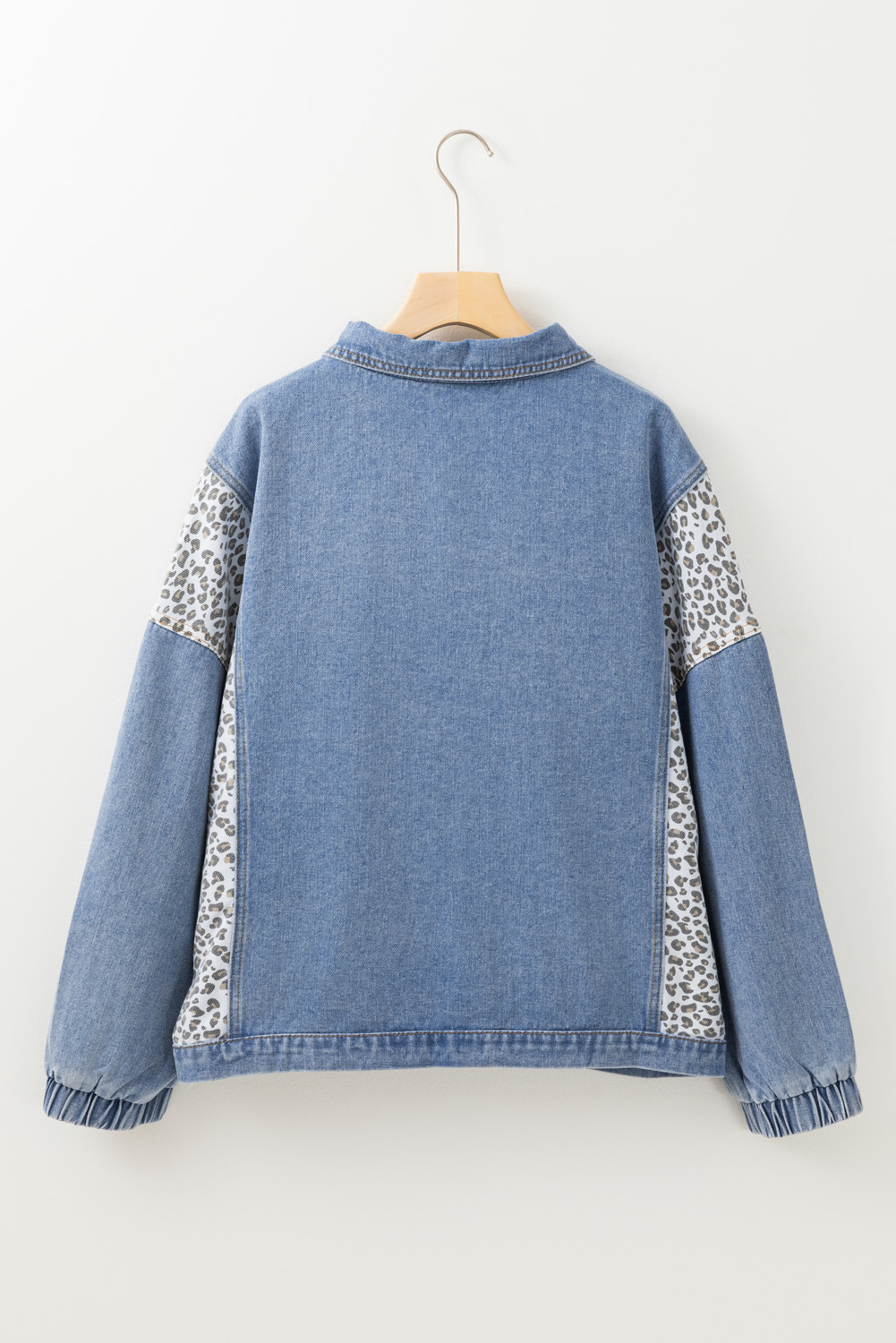 Plus Size Beau Blue Leopard Patchwork Flap Detail  Denim Jacket