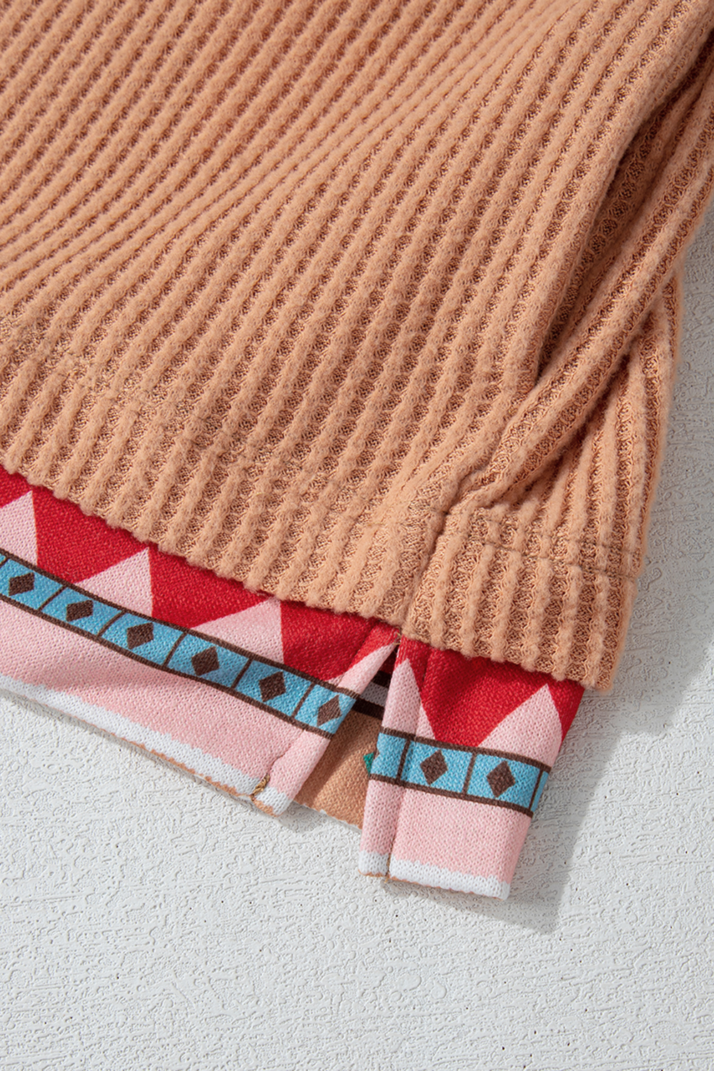 Plus Size Khaki Aztec Patchwork Waffle Knit  Hoodie