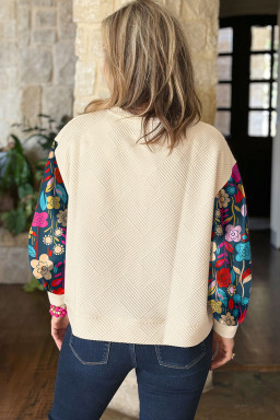 Plus Size White Floral Patchwork Sleeve Textured  Pullover Top