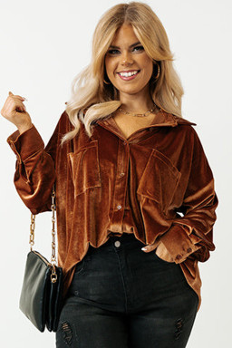 Plus Size Chestnut  Velvet Chest Pocket Drop Shoulder Shirt