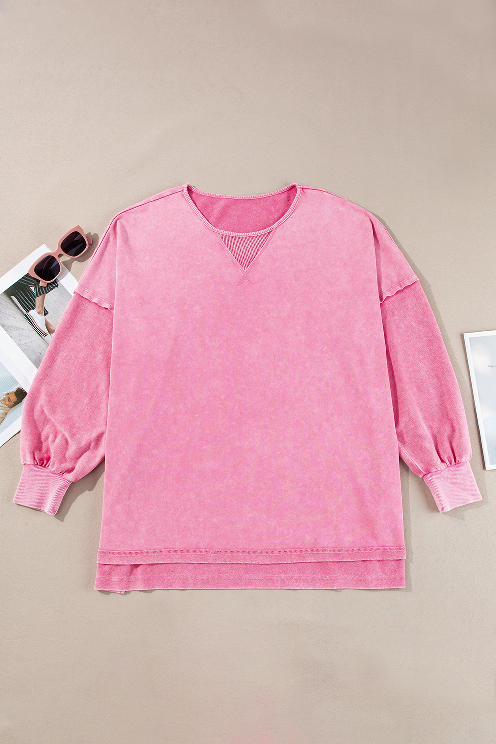 Plus Size Pink  Mineral Wash Drop Shoulder Round Neck Sweatshirt