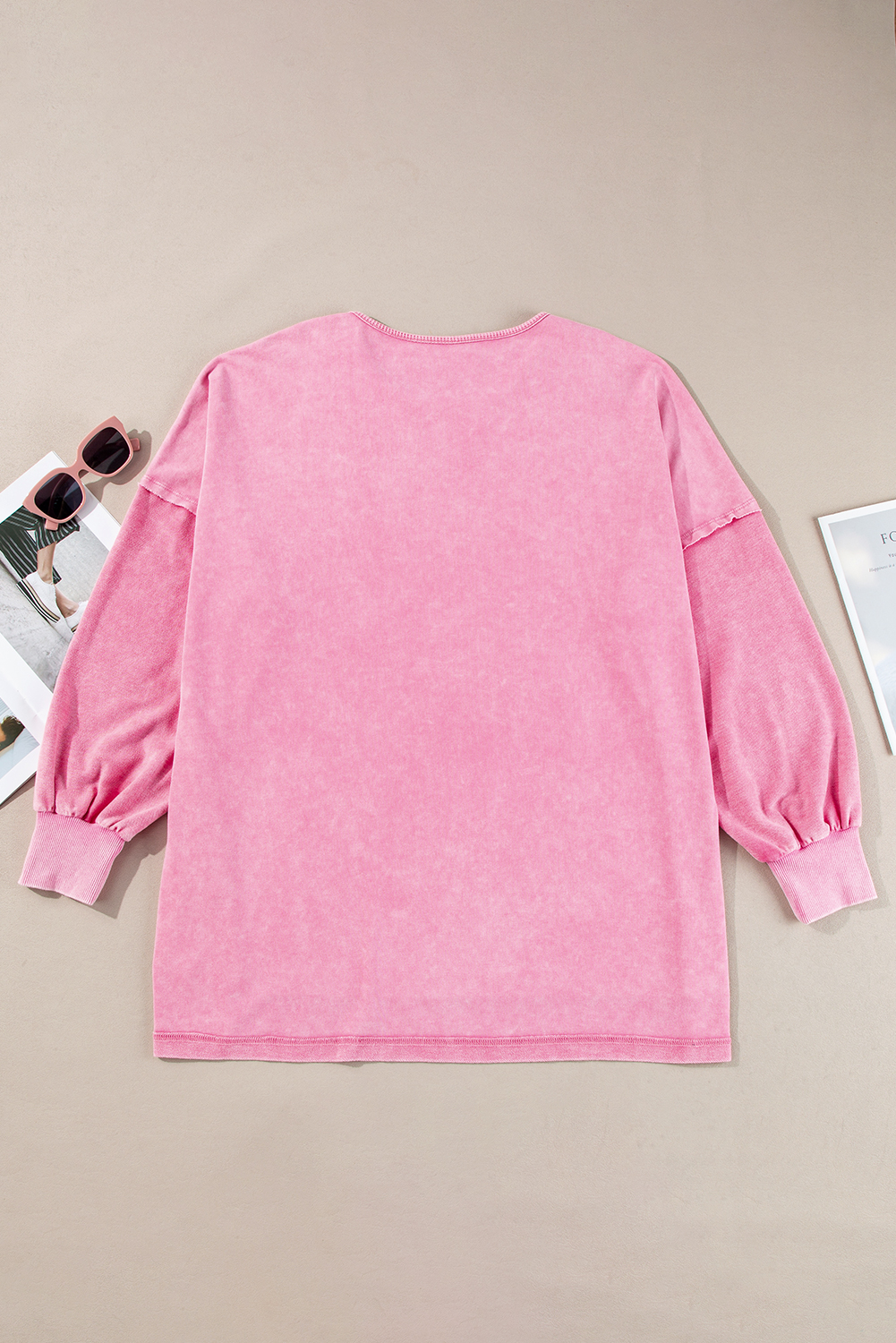 Plus Size Pink  Mineral Wash Drop Shoulder Round Neck Sweatshirt
