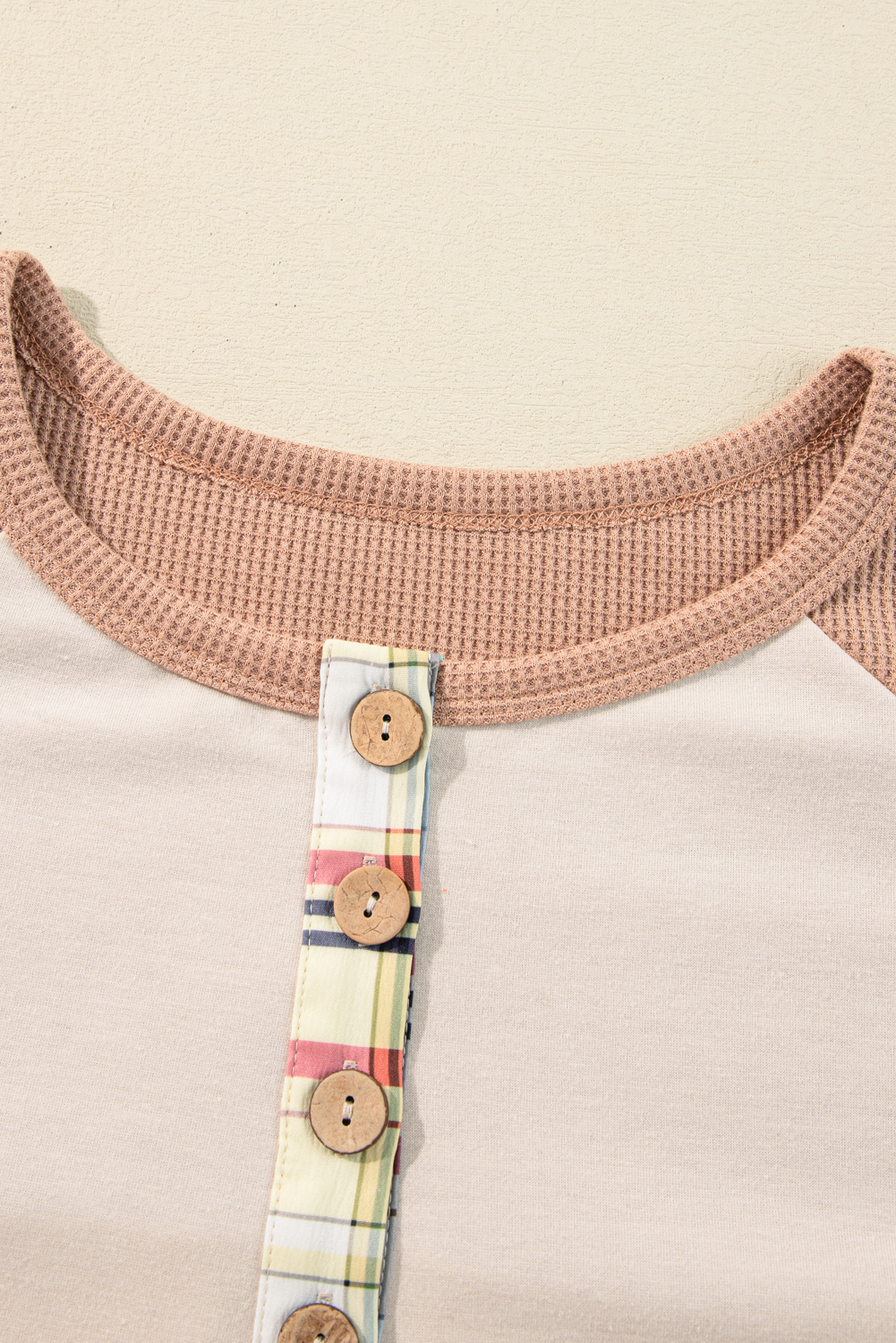 Plus Size Parchment  Plaid Patchwork Layered Henley Top