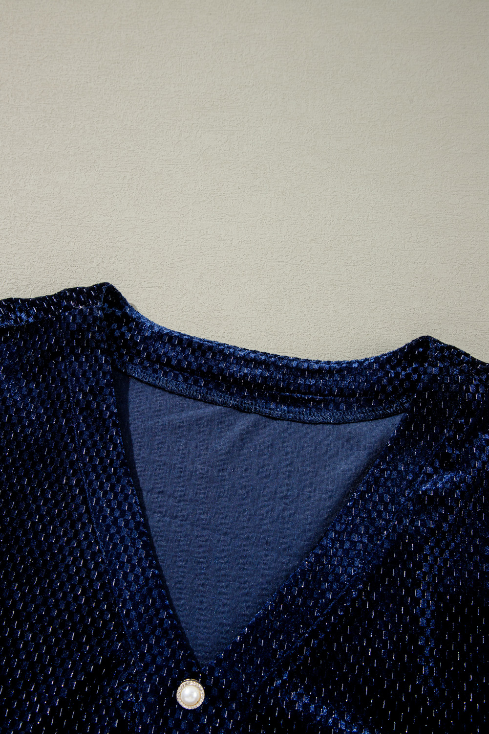 Plus Size Navy Blue  Textured Velvet Tiered Button V Neck Dress