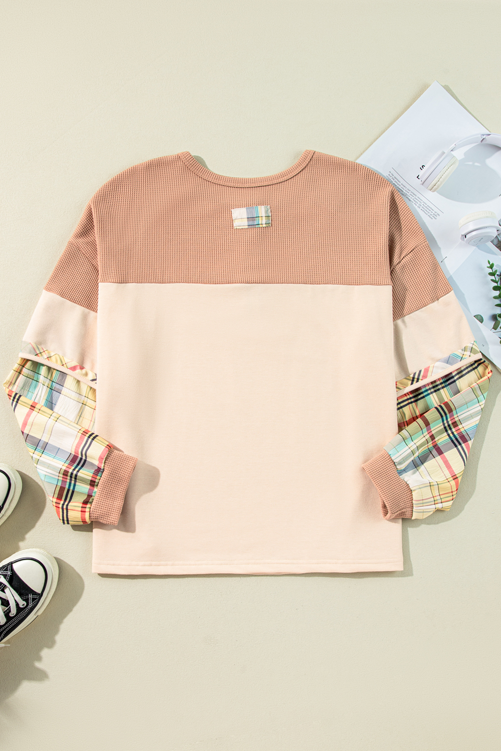 Plus Size Parchment  Plaid Patchwork Layered Henley Top