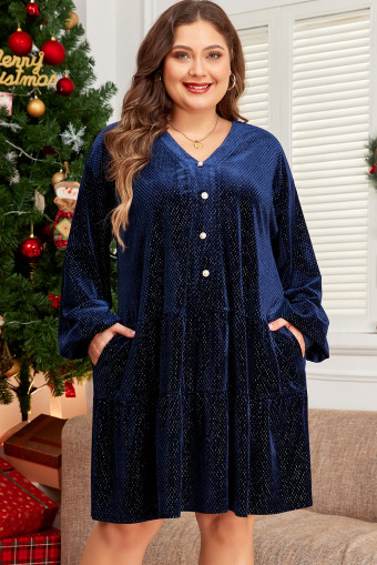 Plus Size Navy Blue  Textured Velvet Tiered Button V Neck Dress