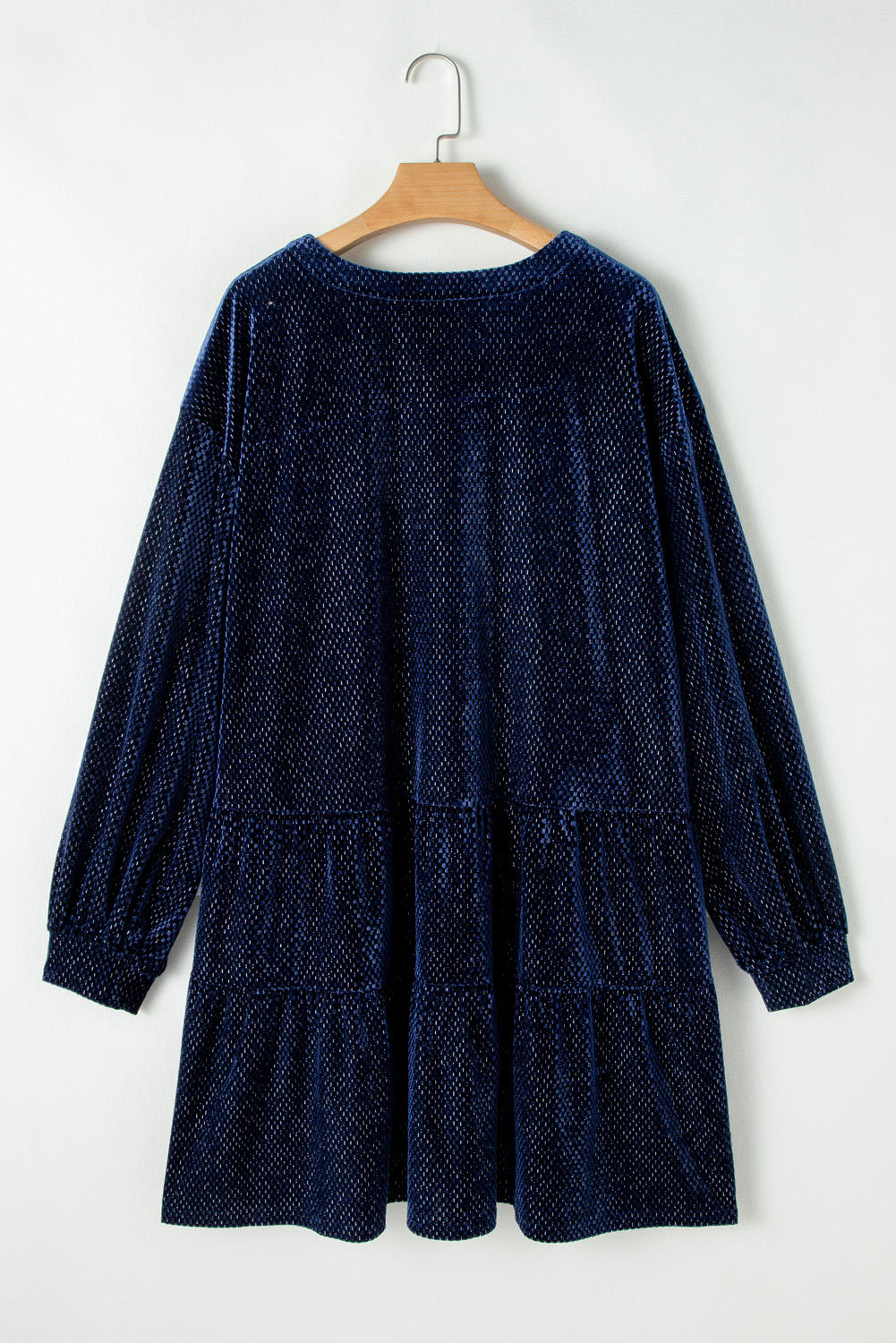 Plus Size Navy Blue  Textured Velvet Tiered Button V Neck Dress