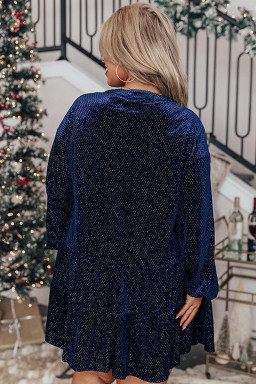 Plus Size Navy Blue  Textured Velvet Tiered Button V Neck Dress