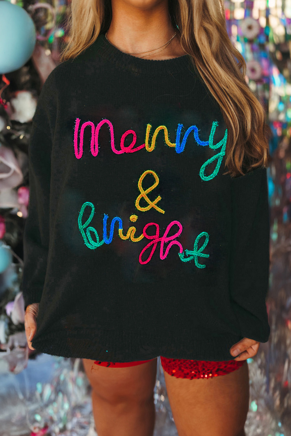 Plus Size Black Tinsel Merry & Bright Round Neck  Sweater