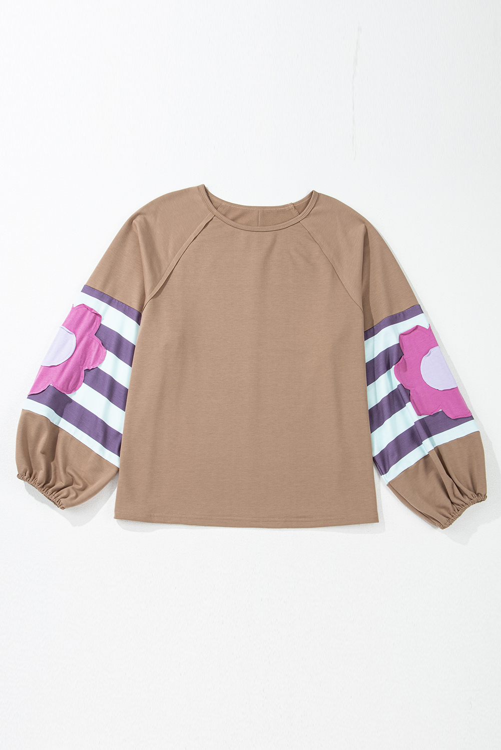 Plus Size Light French Beige  Flower Striped Patchwork Puff Sleeve Loose Sweatshirt