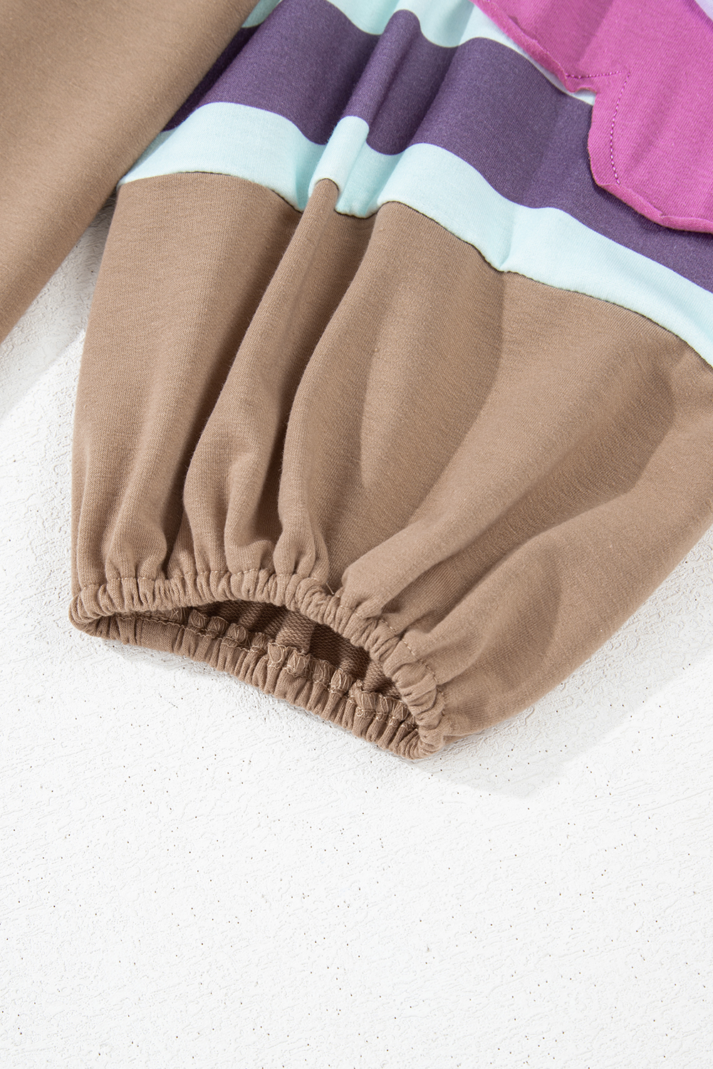 Plus Size Light French Beige  Flower Striped Patchwork Puff Sleeve Loose Sweatshirt