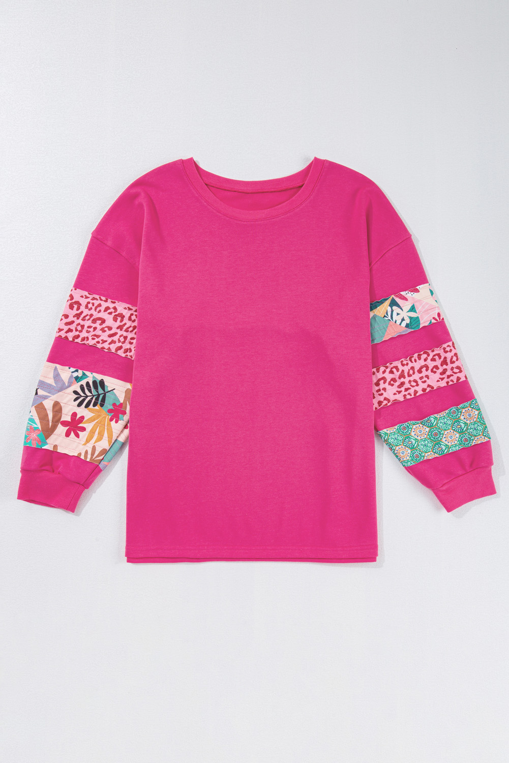 Plus Size Rose Red  Printed Patchwork Sleeve Split Sweatshirt