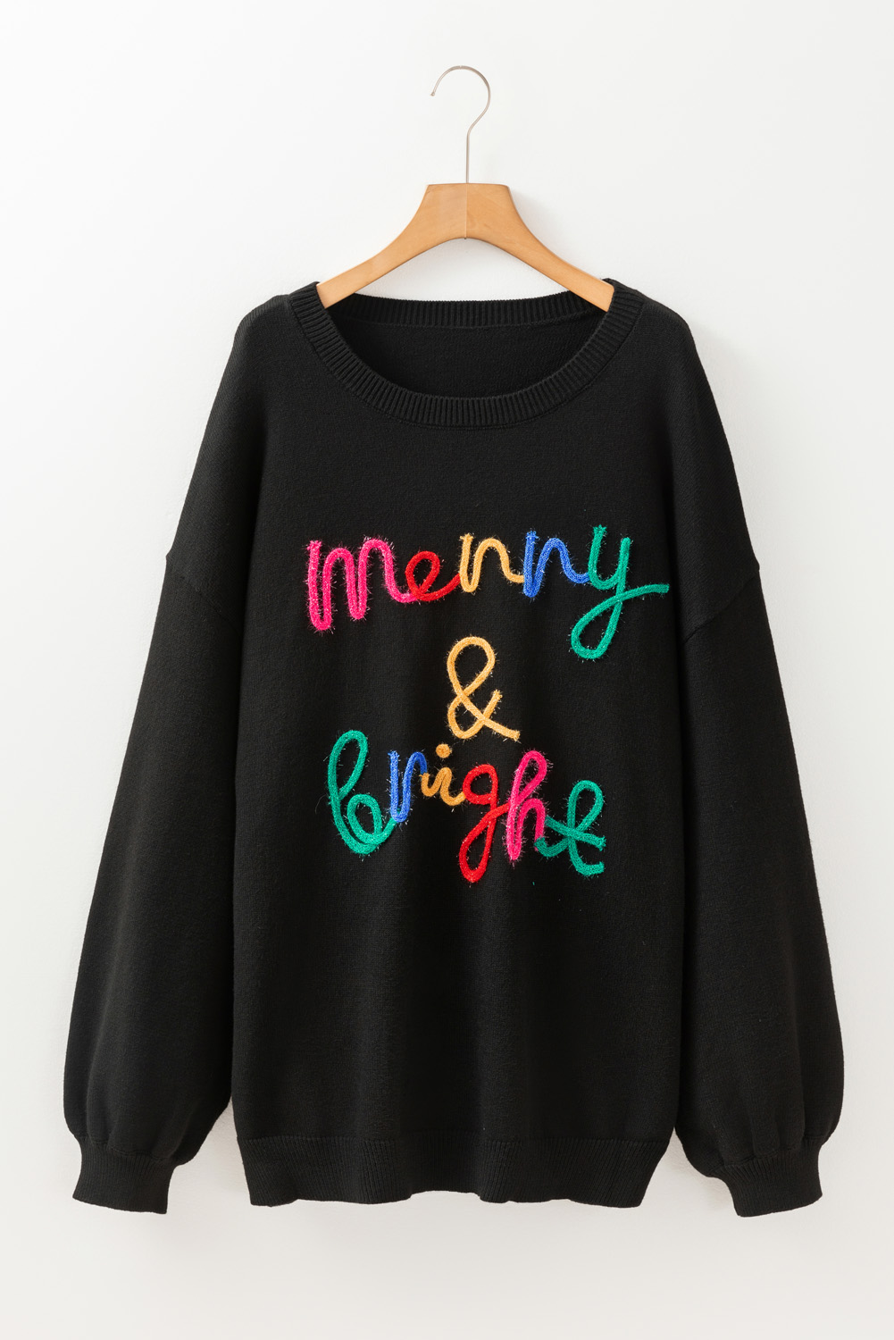 Plus Size Black Tinsel Merry & Bright Round Neck  Sweater