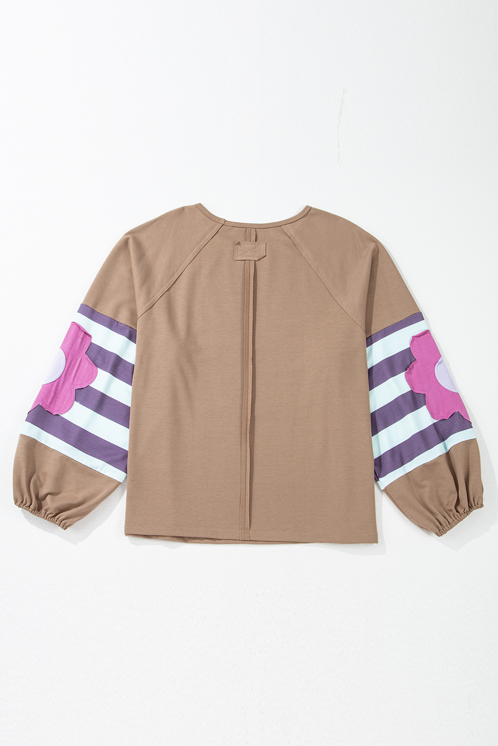 Plus Size Light French Beige  Flower Striped Patchwork Puff Sleeve Loose Sweatshirt