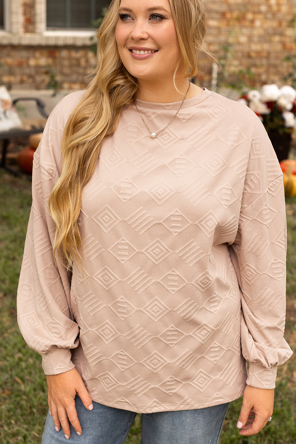 Plus Size Parchment  Textured Drop Shoulder Crew Neck Sweatshirt