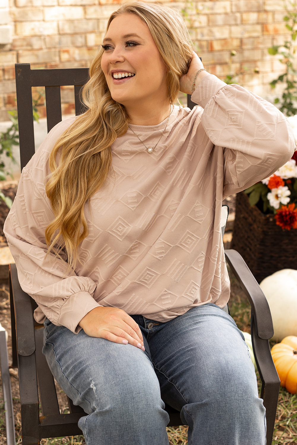 Plus Size Parchment  Textured Drop Shoulder Crew Neck Sweatshirt