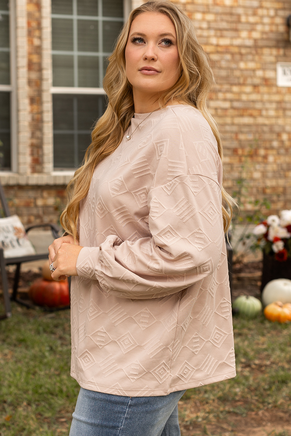 Plus Size Parchment  Textured Drop Shoulder Crew Neck Sweatshirt