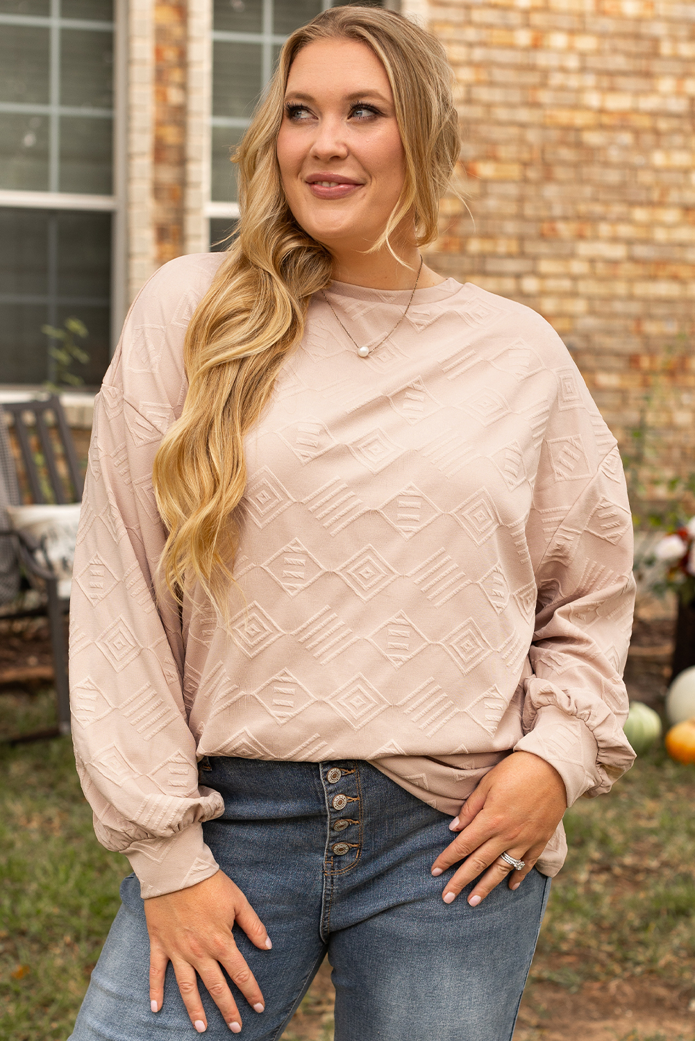 Plus Size Parchment  Textured Drop Shoulder Crew Neck Sweatshirt