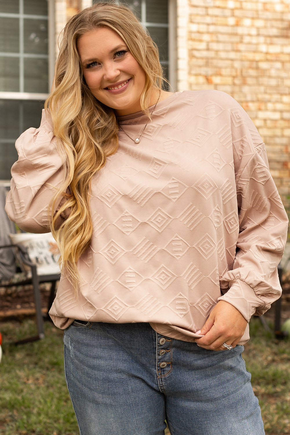 Plus Size Parchment  Textured Drop Shoulder Crew Neck Sweatshirt