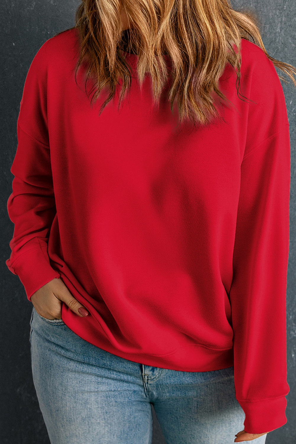 Plus Size Racing Red Solid Crew Neck Drop Shoulder  Sweatshirt