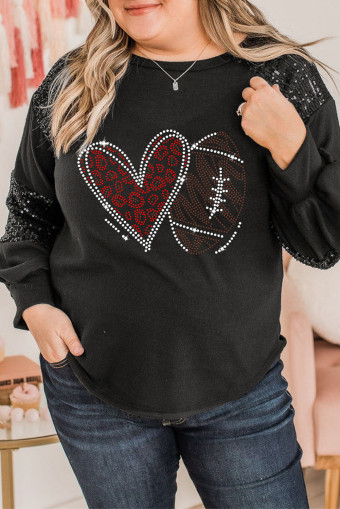 Plus Size Black Rhinestone Heart Rugby Football Pattern Sequin Patched Sleeve  Top