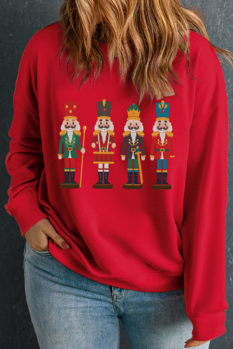 Plus Size Racing Red Christmas Fashion Nutcracker Doll Print  Sweatshirt
