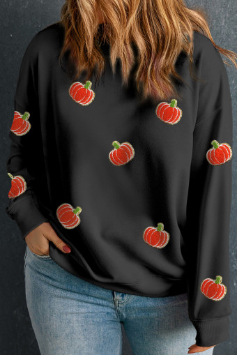 Plus Size Black Chenille Pumpkin Patched Drop Shoulder  Sweatshirt