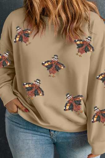 Plus Size Apricot Turkey Time Thanksgiving Sequin Patch Graphic  Sweatshirt