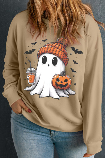 Plus Size Apricot Cute Ghost Pumpkin Printed  Halloween Sweatshirt