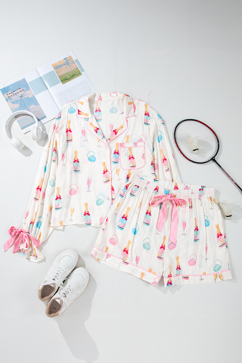 Plus Size White  Wine Glass Print Bow Knot Pajama Set