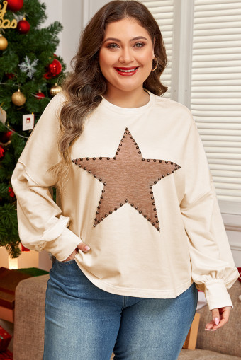 Plus Size Beige Star Shape Studded Crew Neck  T Shirt