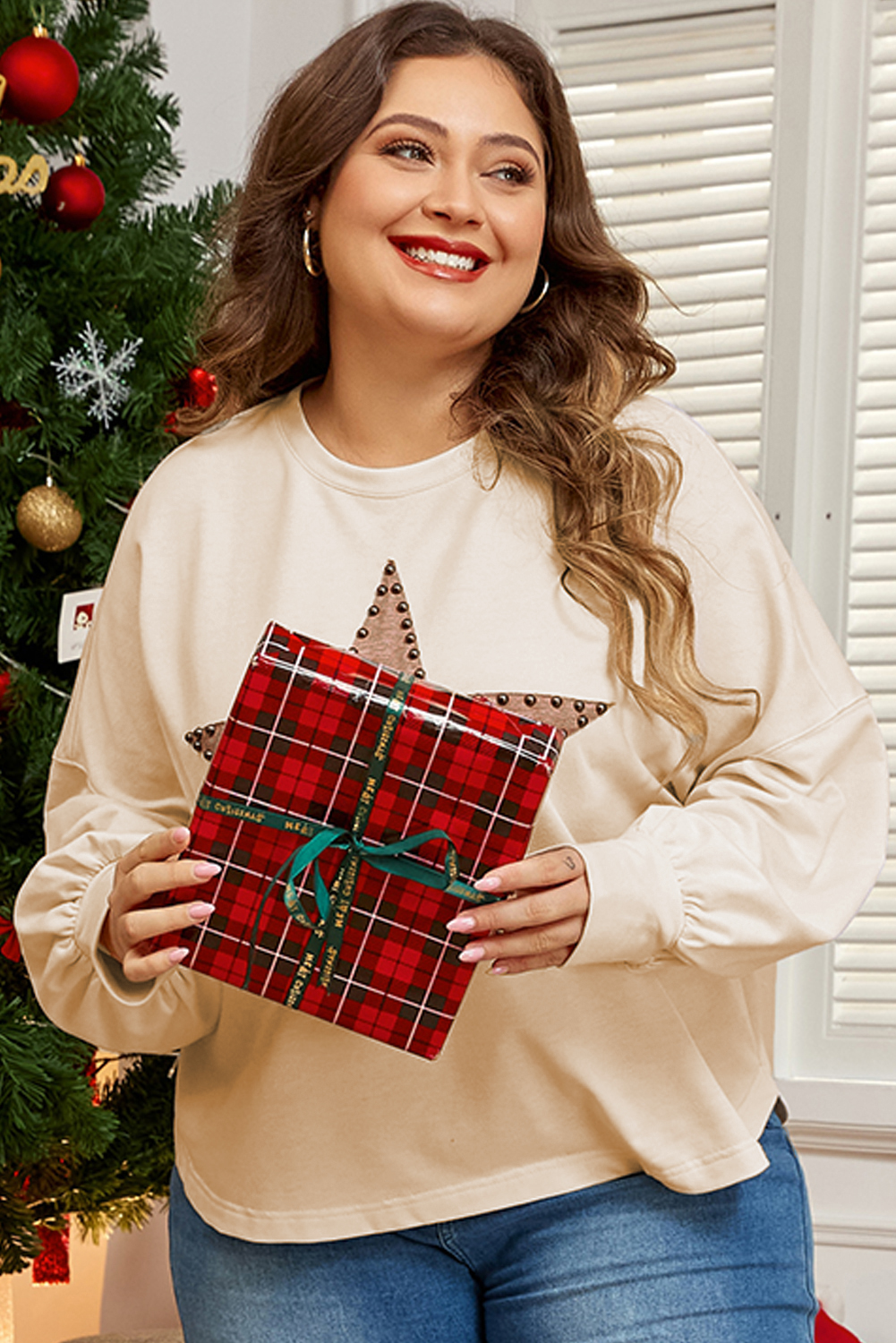 Plus Size Beige Star Shape Studded Crew Neck  T Shirt