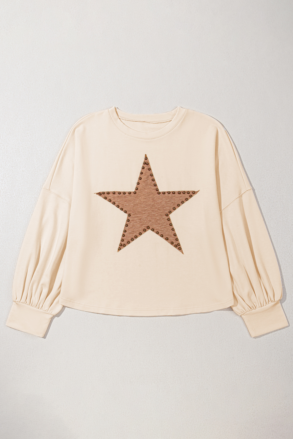 Plus Size Beige Star Shape Studded Crew Neck  T Shirt