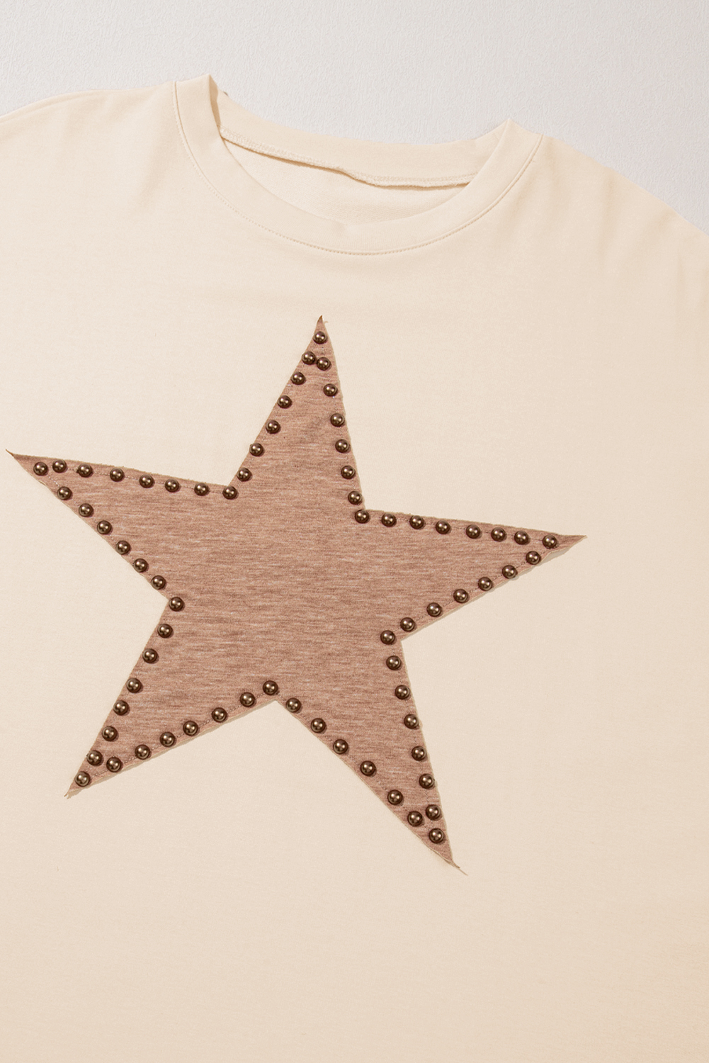 Plus Size Beige Star Shape Studded Crew Neck  T Shirt