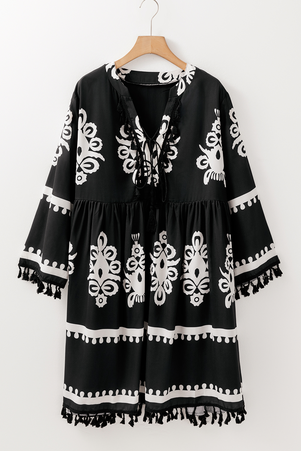 Plus Size Black  Western Floral Print Fringed V Neck Dress