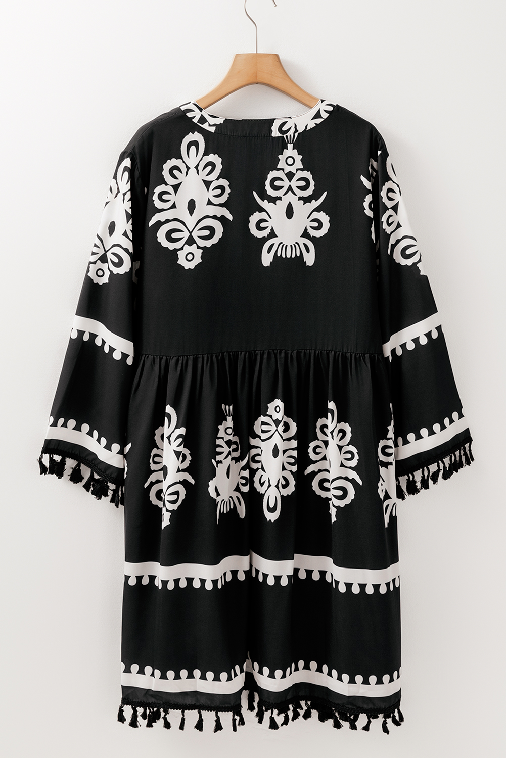 Plus Size Black  Western Floral Print Fringed V Neck Dress