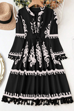 Plus Size Black  Western Floral Print Fringed V Neck Dress