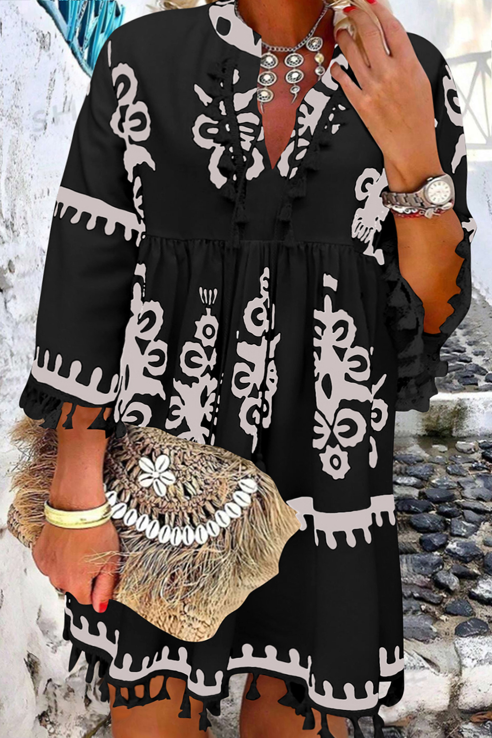 Plus Size Black  Western Floral Print Fringed V Neck Dress