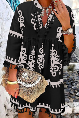 Plus Size Black  Western Floral Print Fringed V Neck Dress
