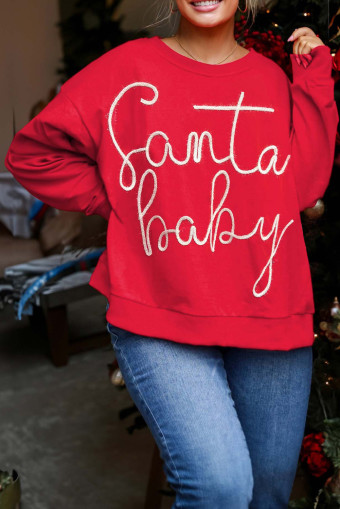 Plus Size Fiery Red  Santa Baby Tinsel Crew Neck Sweatshirt
